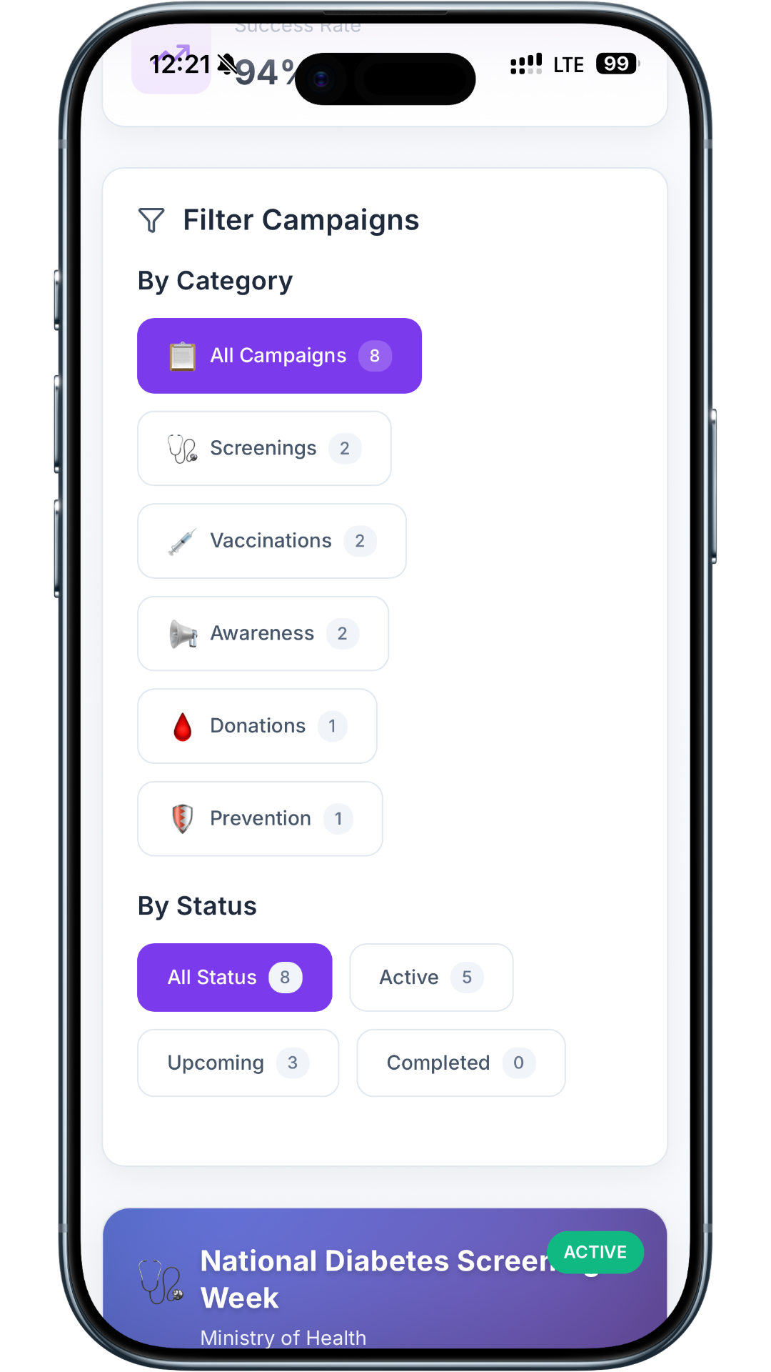 Health Campaigns screen showing campaign categories and status filters