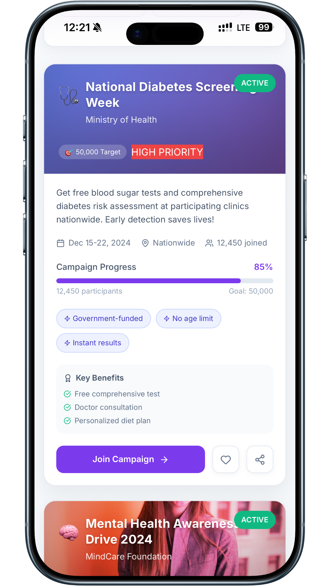 Health Campaigns screen showing a campaign detail page with progress, benefits, and a join button