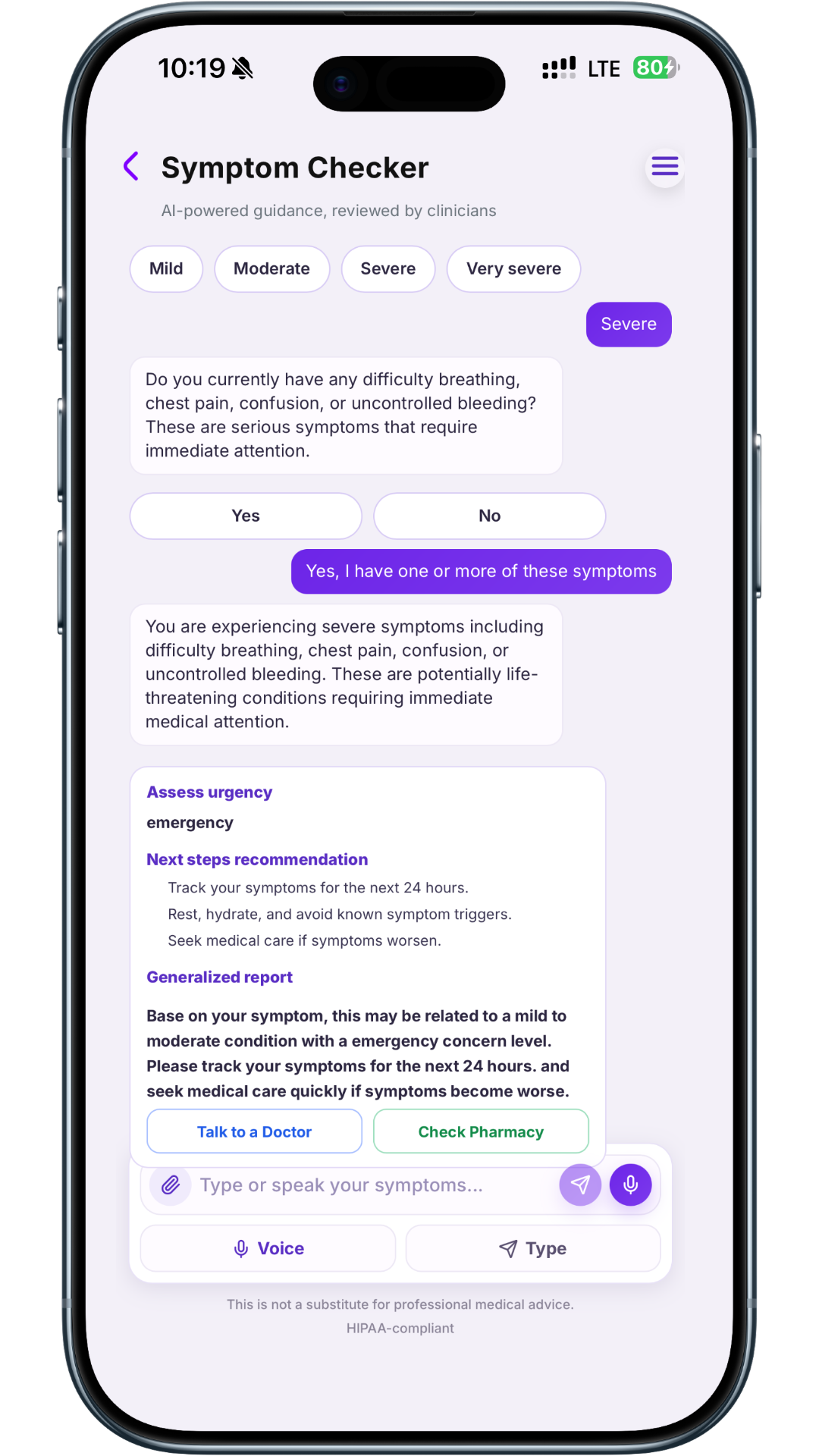 Qureo Symptom Checker screen showing urgency assessment and next-step guidance