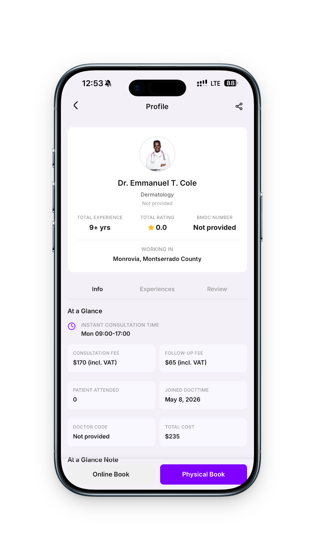 Qureo provider profile screen showing a qualified healthcare professional