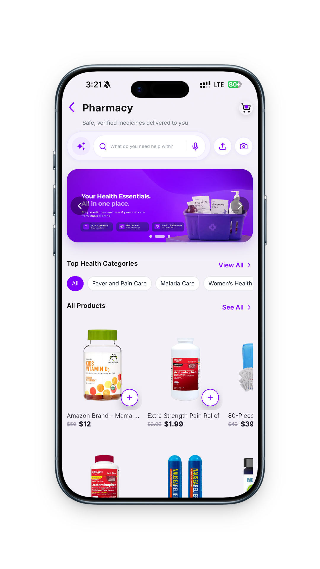 Qureo Pharmacy screen showing medicine categories and product listings