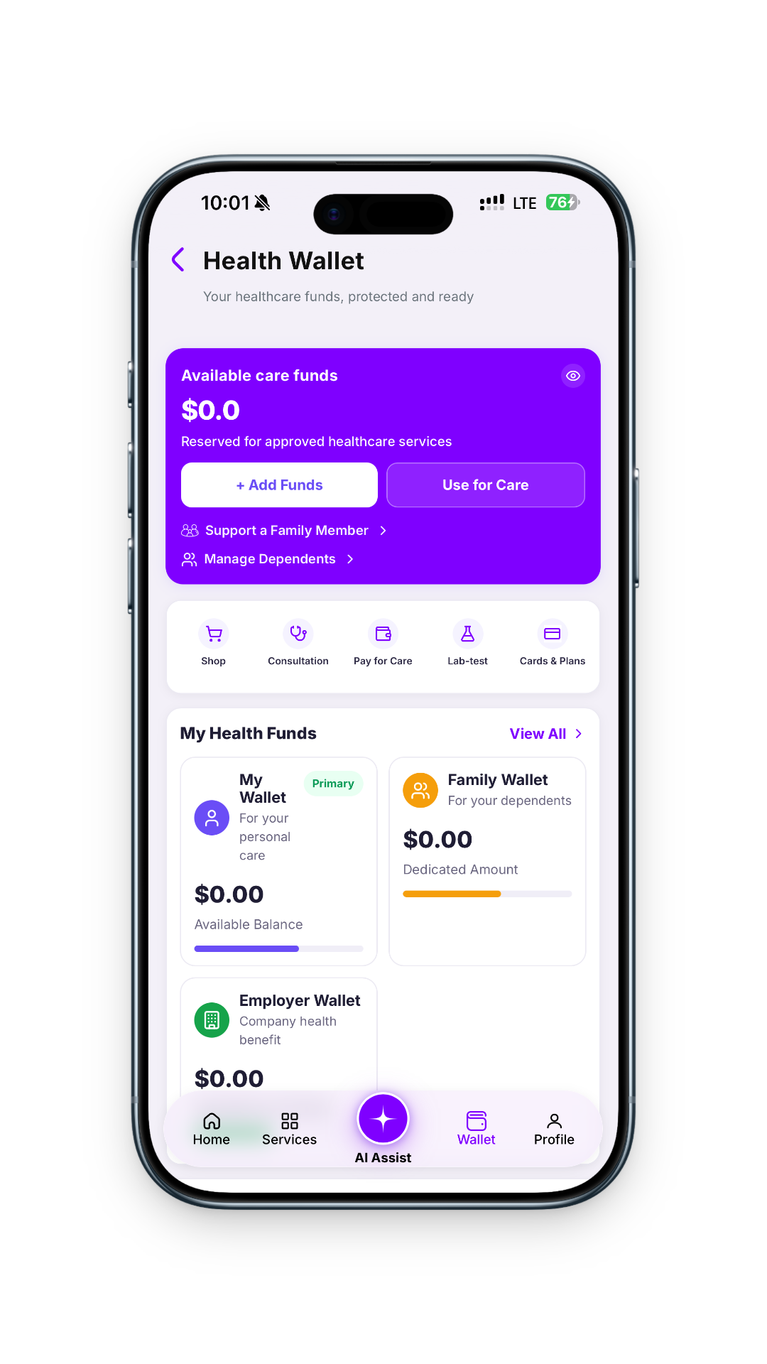 Qureo Health Wallet app screen showing available care funds, payment options, and wallet balances
