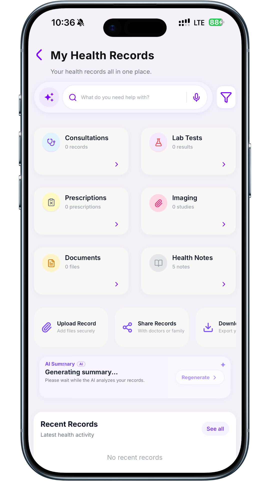 Qureo Health Metrics screen showing tracked health data over time