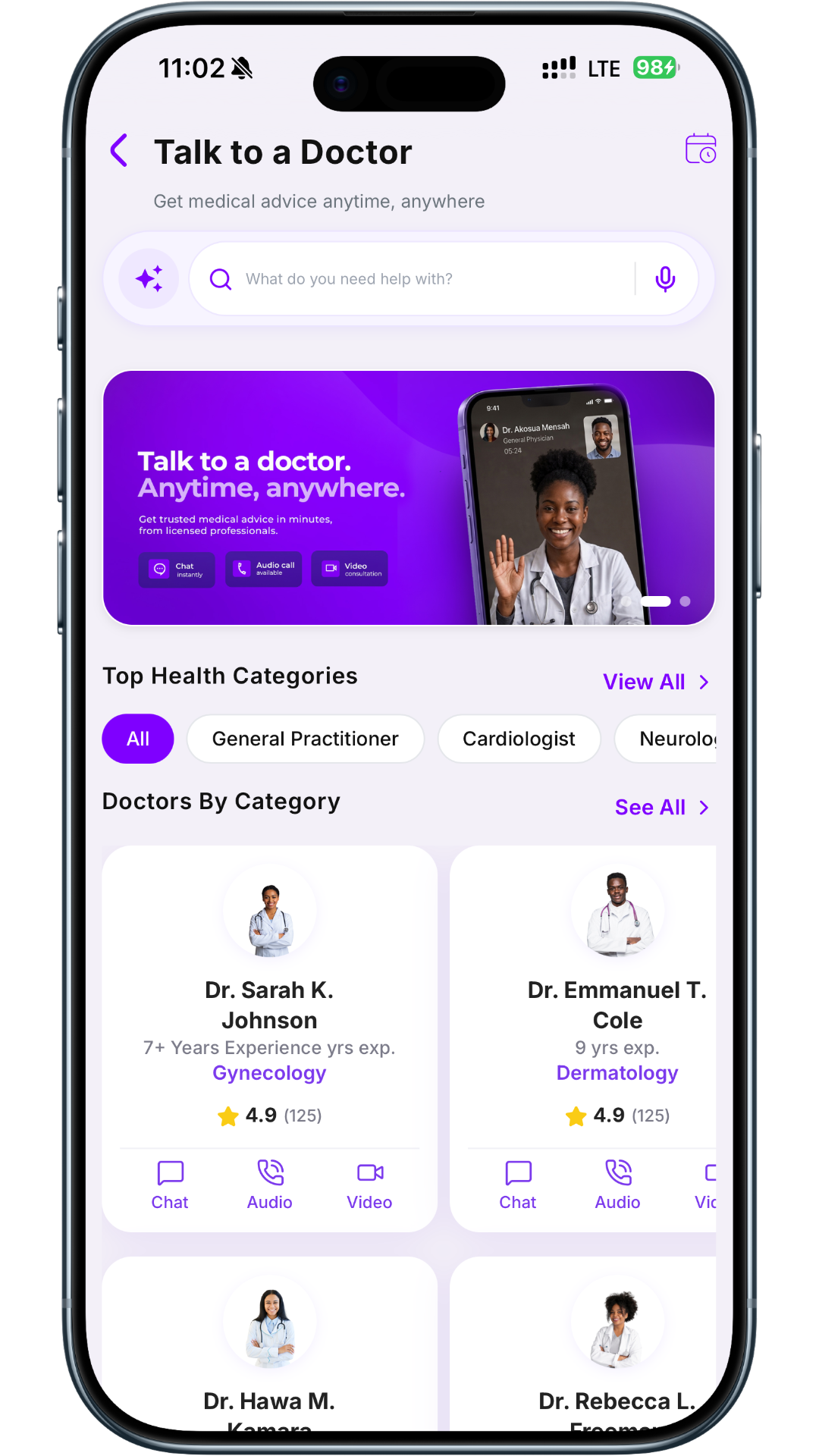 Doctor Consultation screen for choosing chat, audio, or video