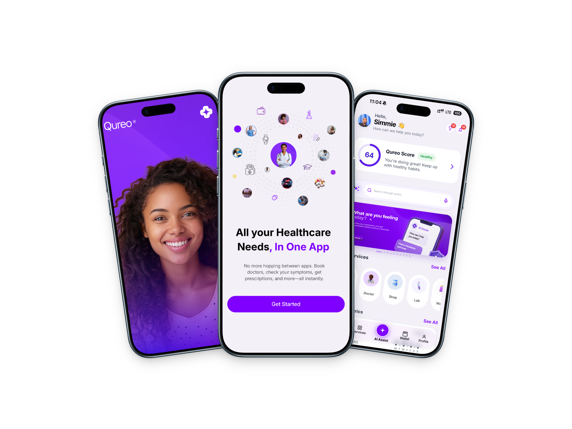 Qureo app screens showing services, home dashboard, and onboarding
