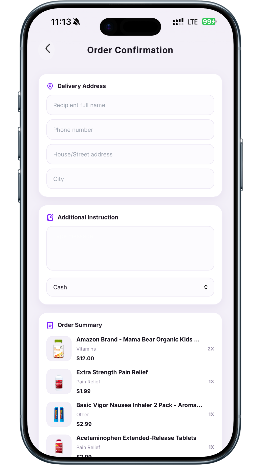 Pharmacy screen showing pickup or delivery options
