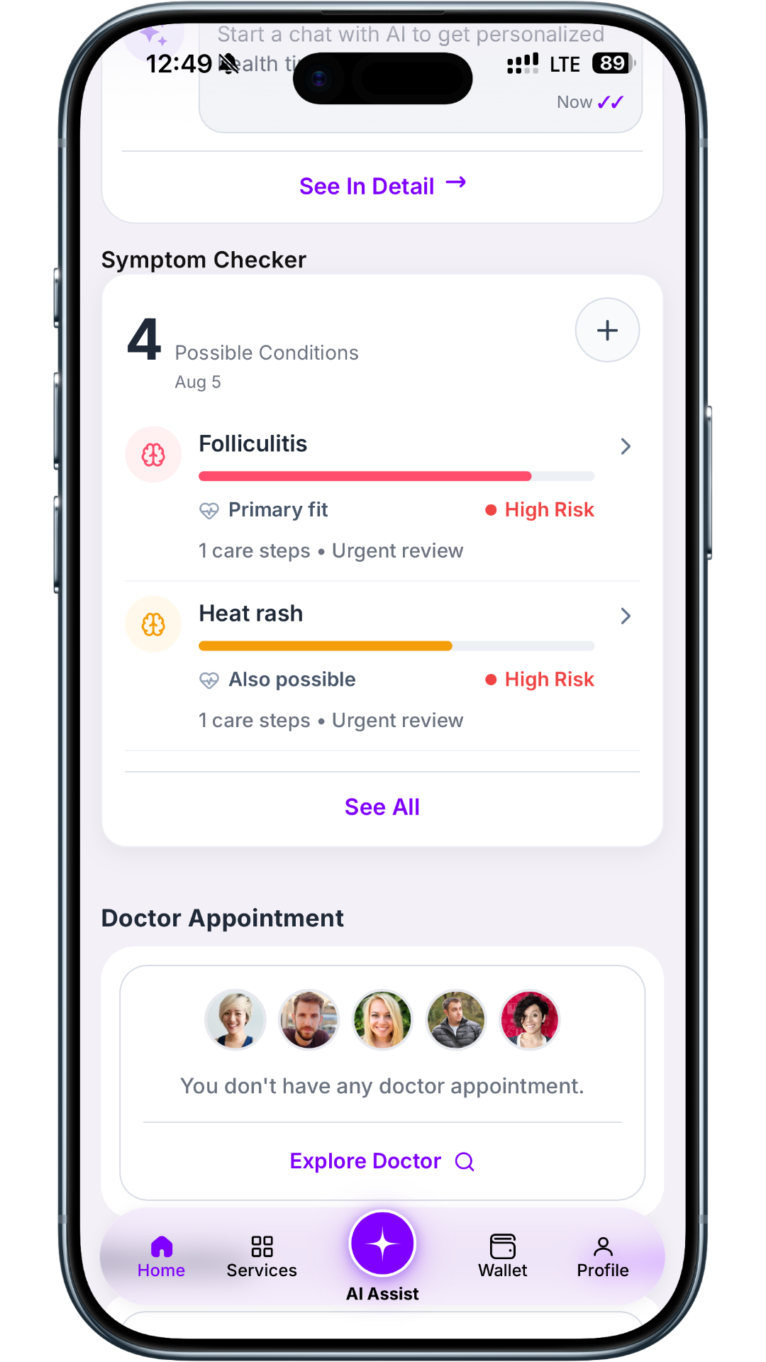 Symptom Checker screen showing possible conditions and care options