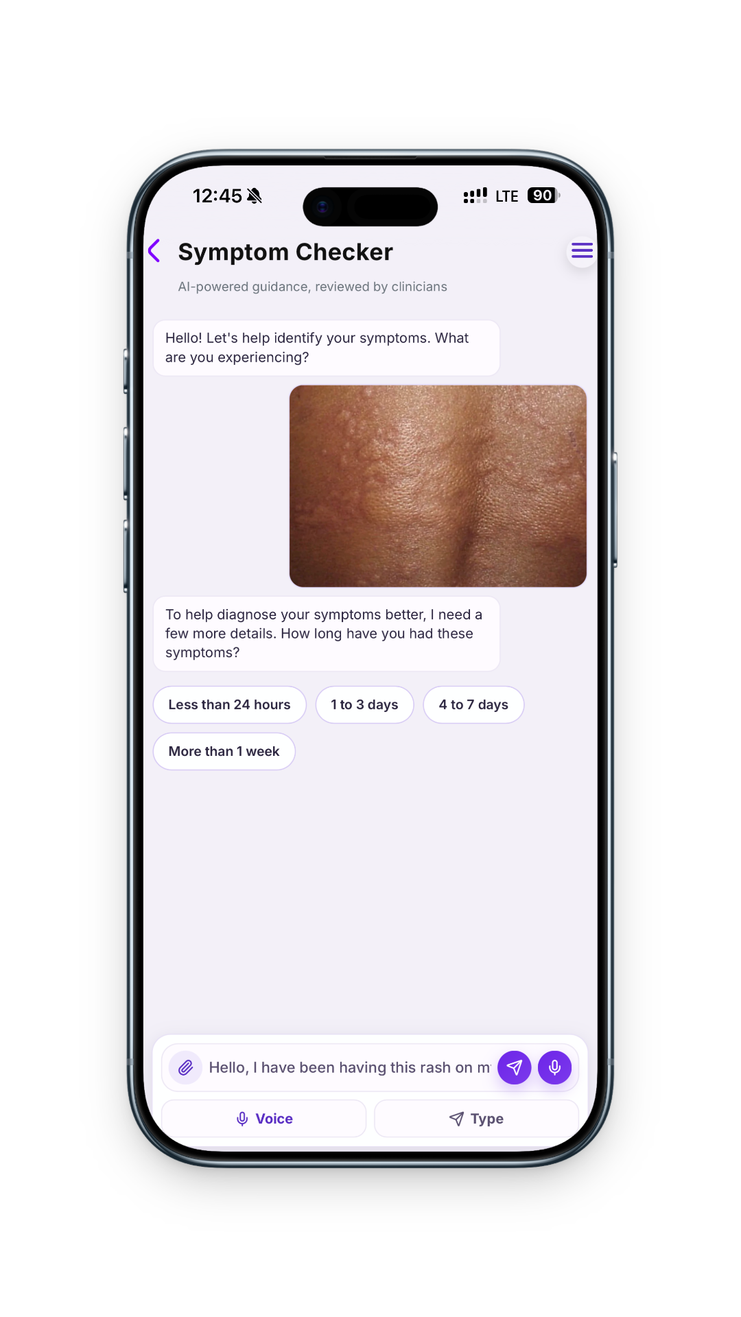 Qureo Symptom Checker screen showing a guided conversation about a symptom