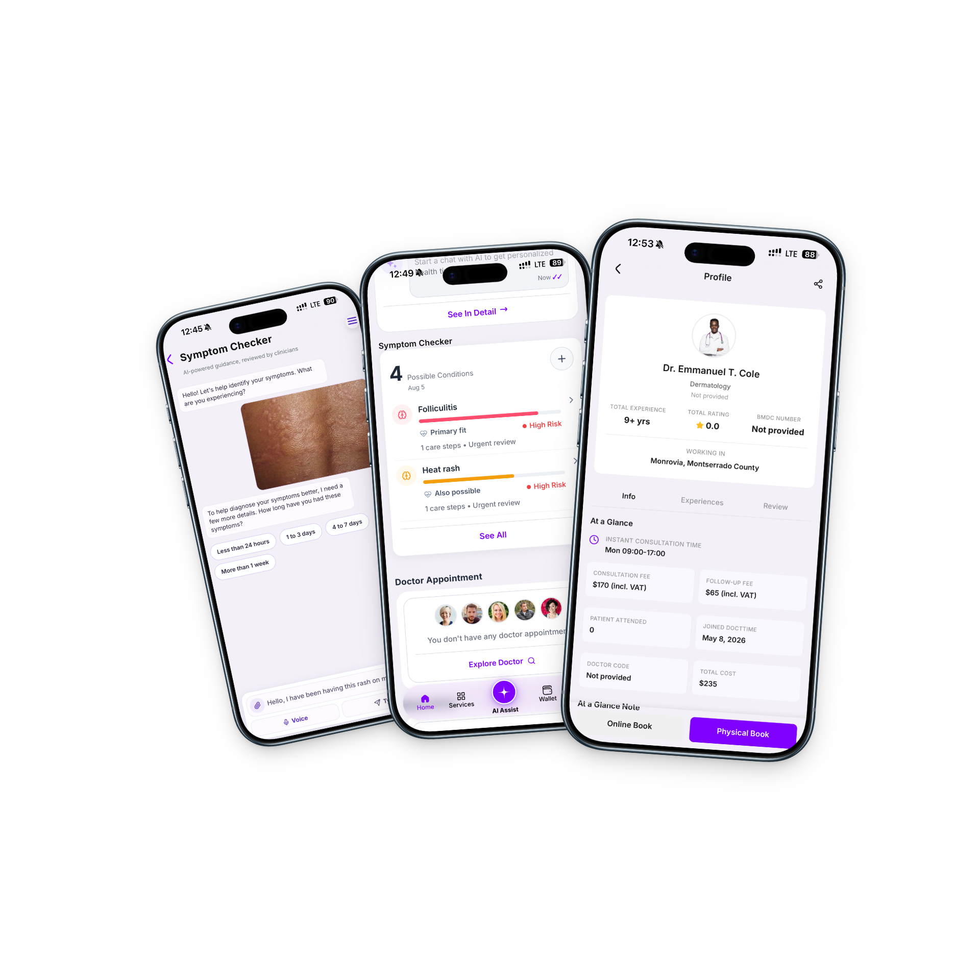 Qureo app screens showing symptom checker, possible conditions, and provider profile