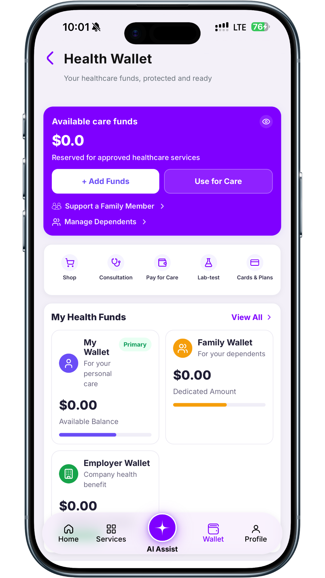 Qureo Wallet screen showing balance and available support