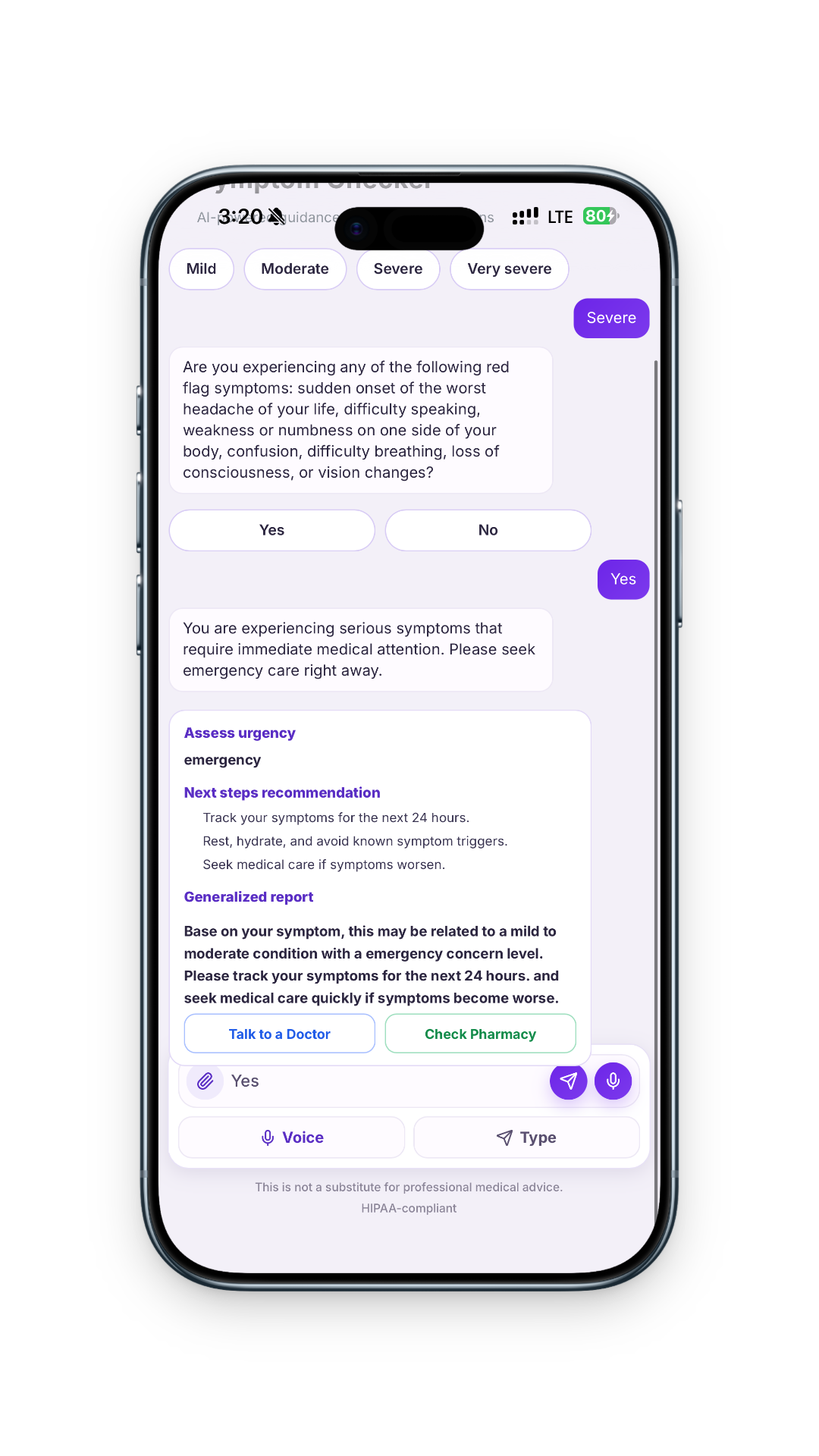 Qureo Symptom Checker screen showing urgency assessment and next-step guidance