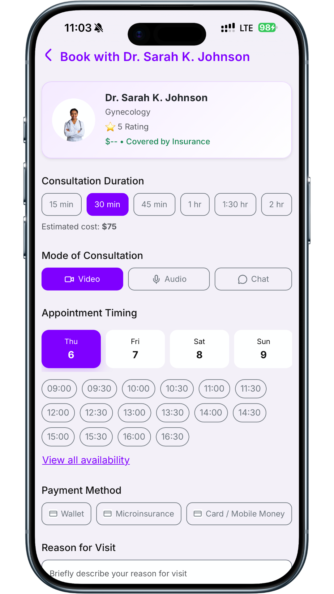 Doctor Consultation screen showing appointment booking and care details