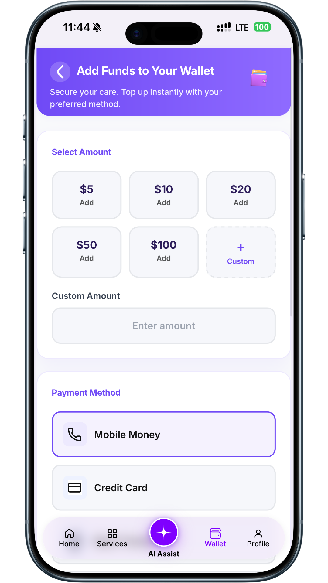 Qureo Wallet screen showing savings and contribution options